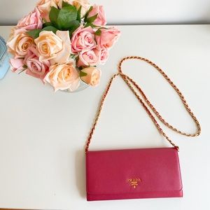 Prada Pink Saffiano Leather Wallet on A Chain